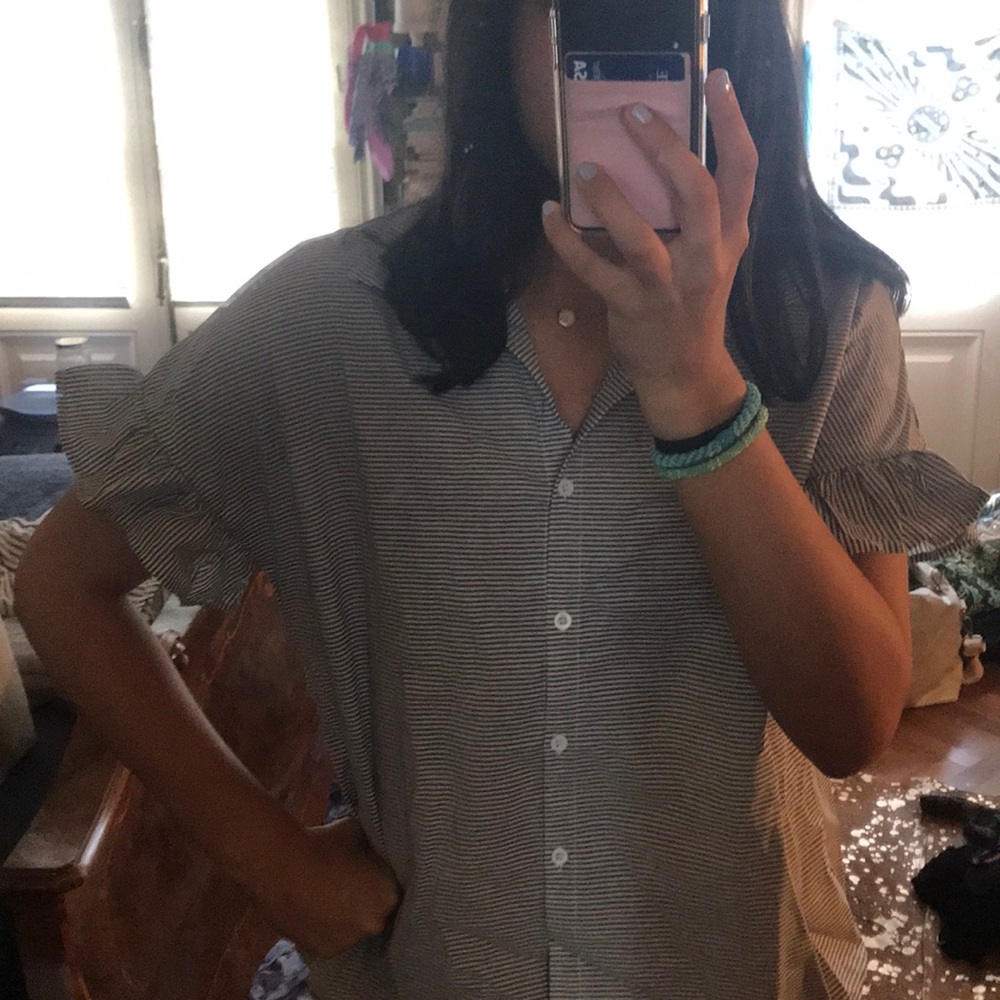 Grey and White Striped Ruffle Short Sleeve Top